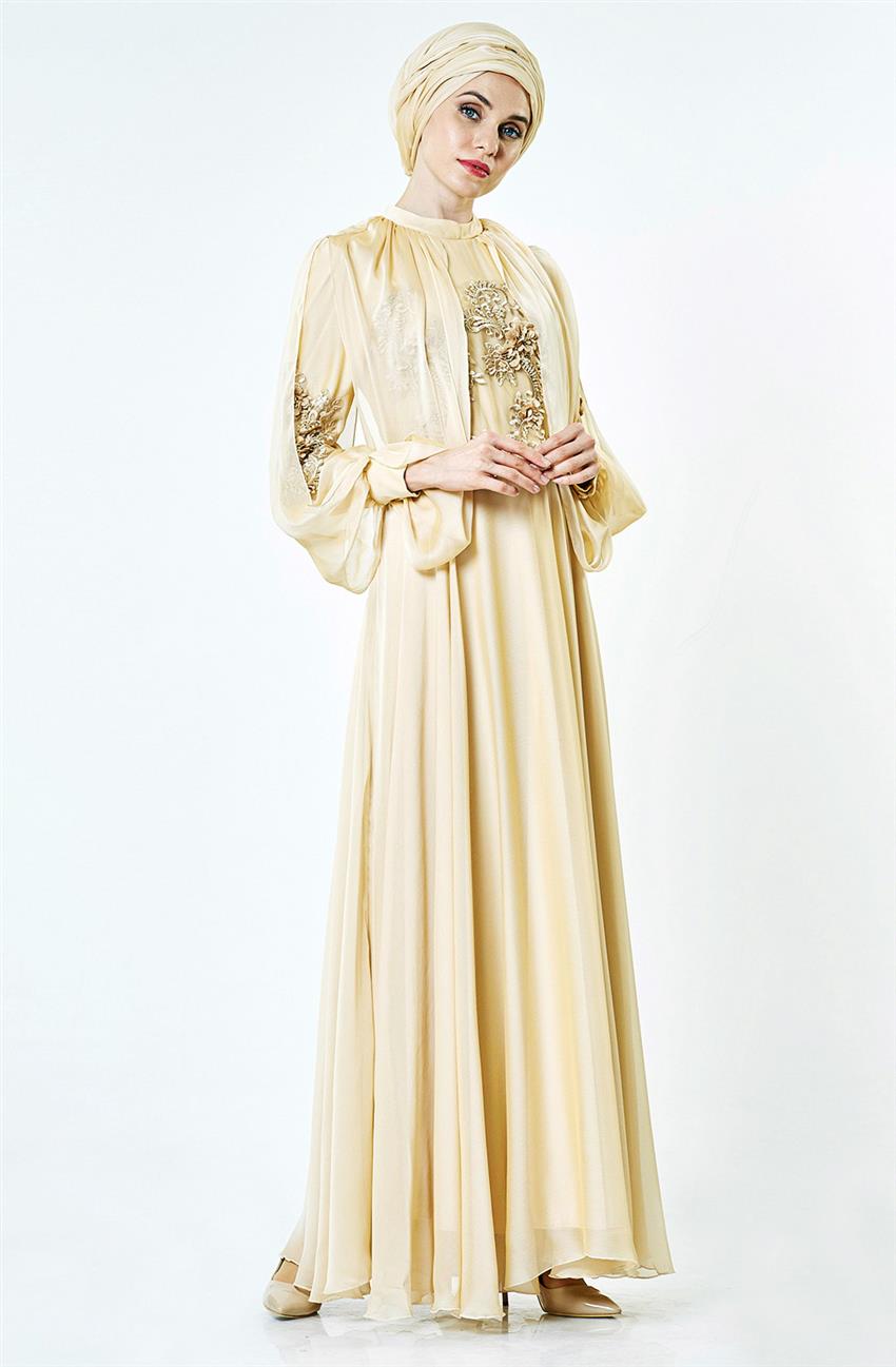 Güpür Detaylı Abiye Krem Elbise 1906-12
