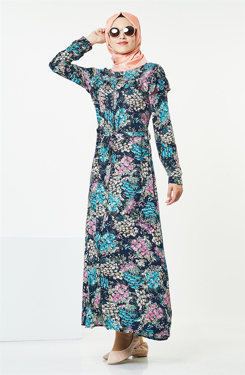 Çiçek Detaylı Lacivert Elbise 6190-17
