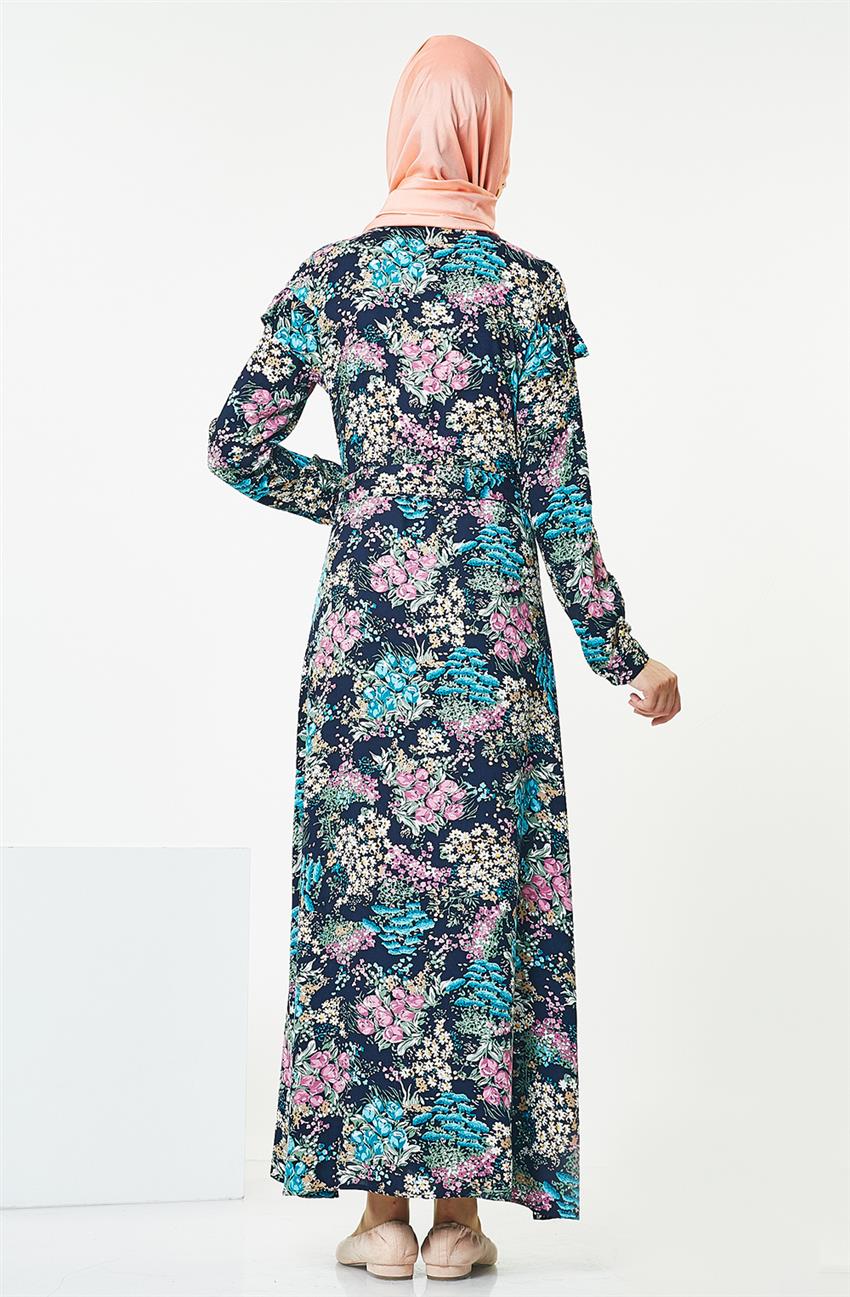 Çiçek Detaylı Lacivert Elbise 6190-17
