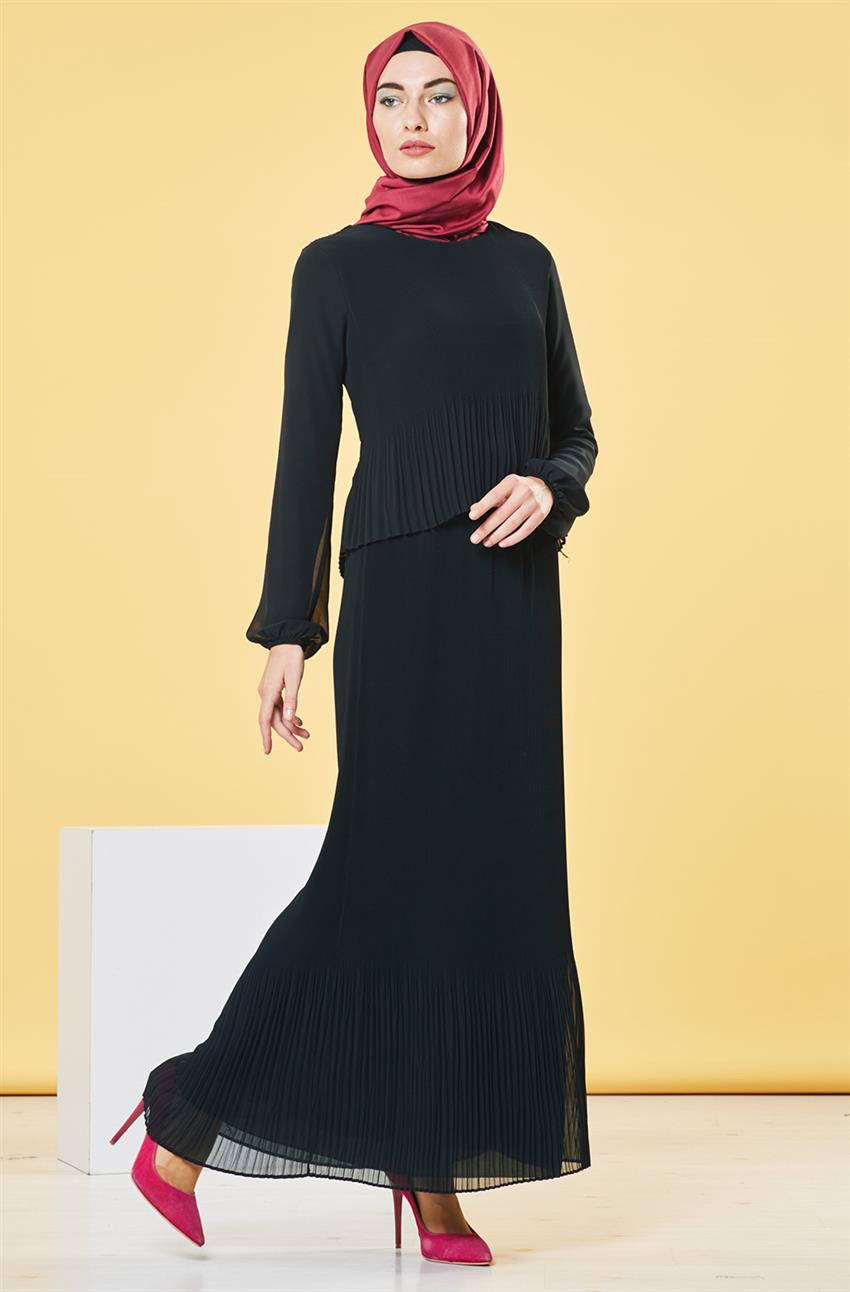 Piliseli Siyah Elbise BL7327-01