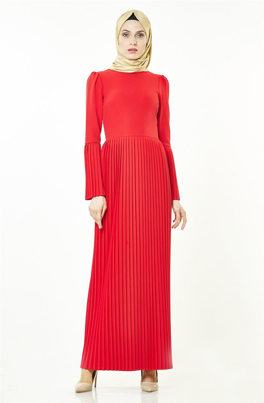 Plisoley Detaylı Kırmızı Elbise 5568-34