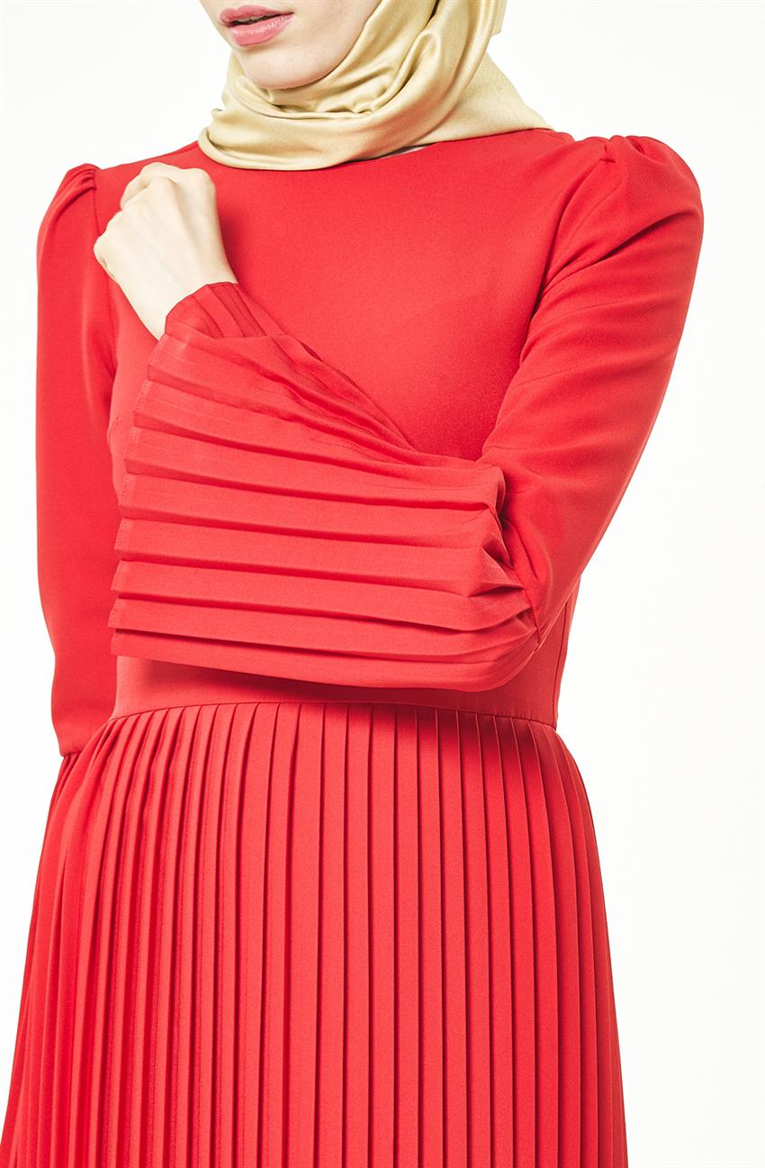 Plisoley Detaylı Kırmızı Elbise 5568-34