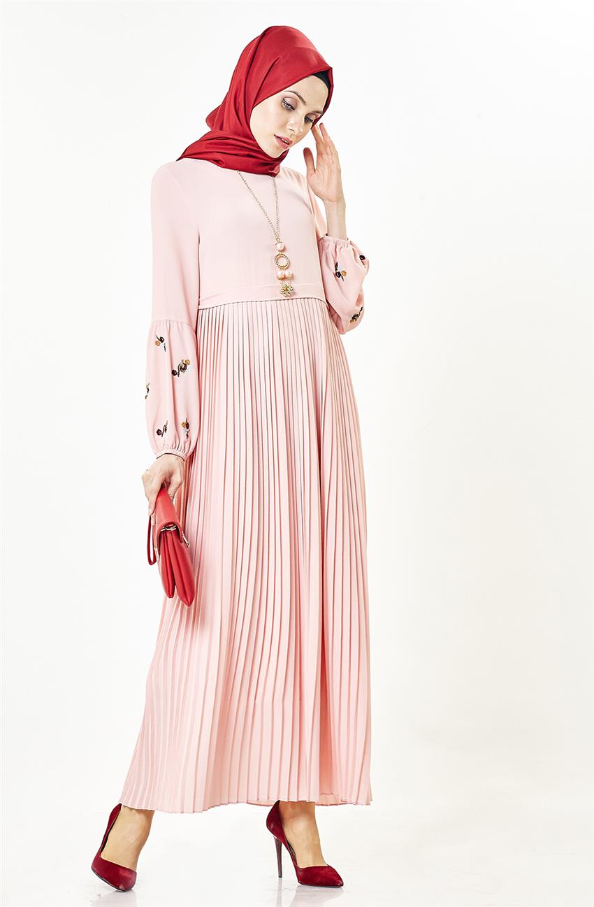 Kyl Collection Plisoley Detaylı Pudra Elbise 9745-41 | E-Tesettür