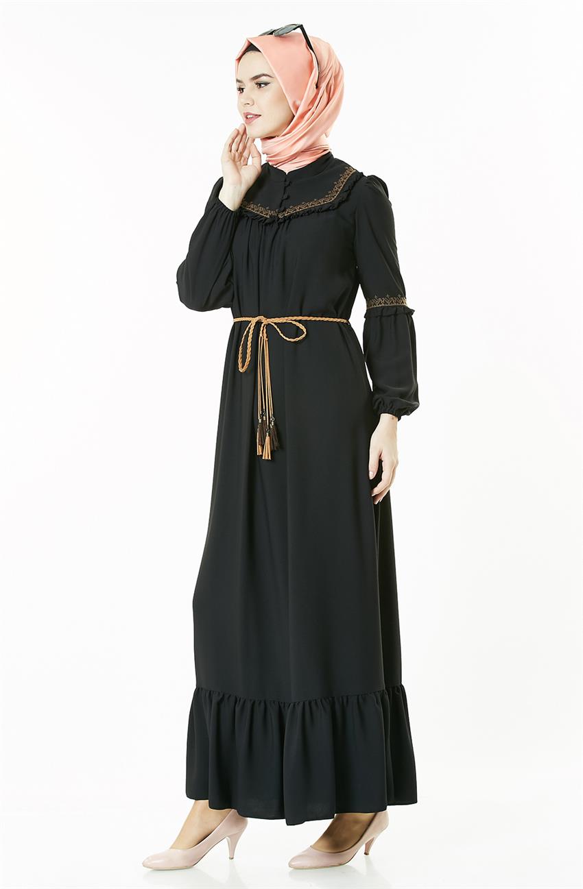 Fırfır Detaylı Siyah Elbise 4006-01