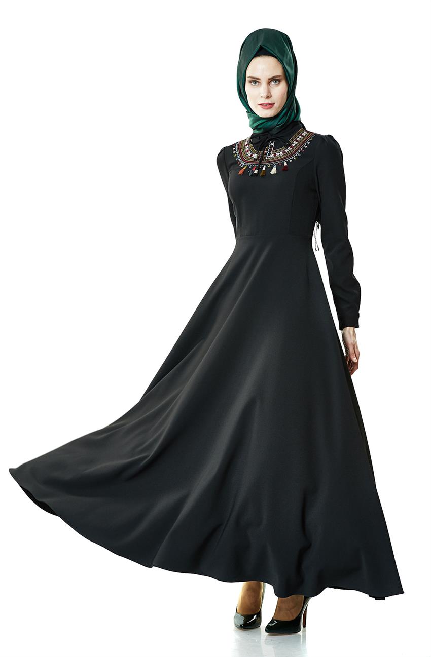 Önü İşlemeli Kloş Siyah Elbise LR8279-01