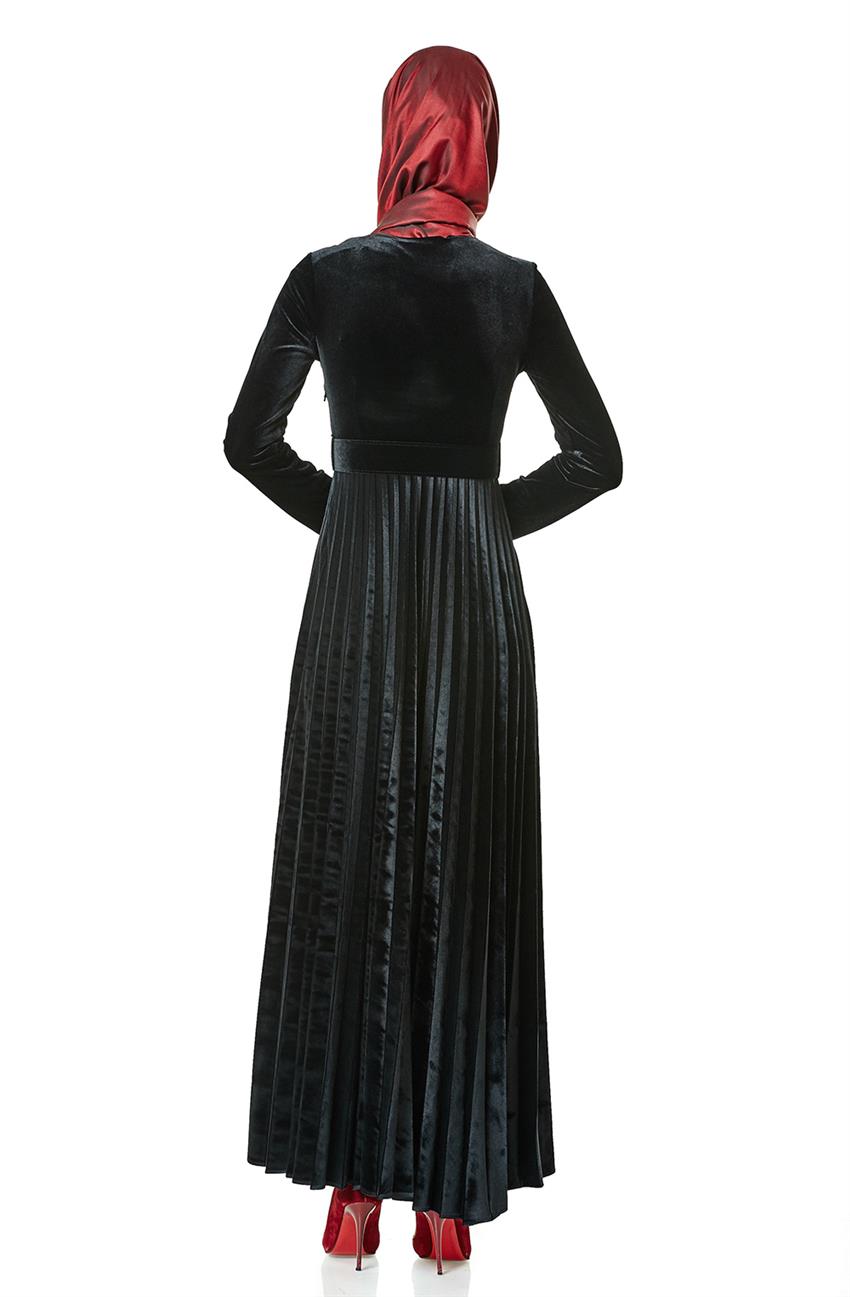 Kadife Önü İşlemeli Siyah Elbise LR8297-01