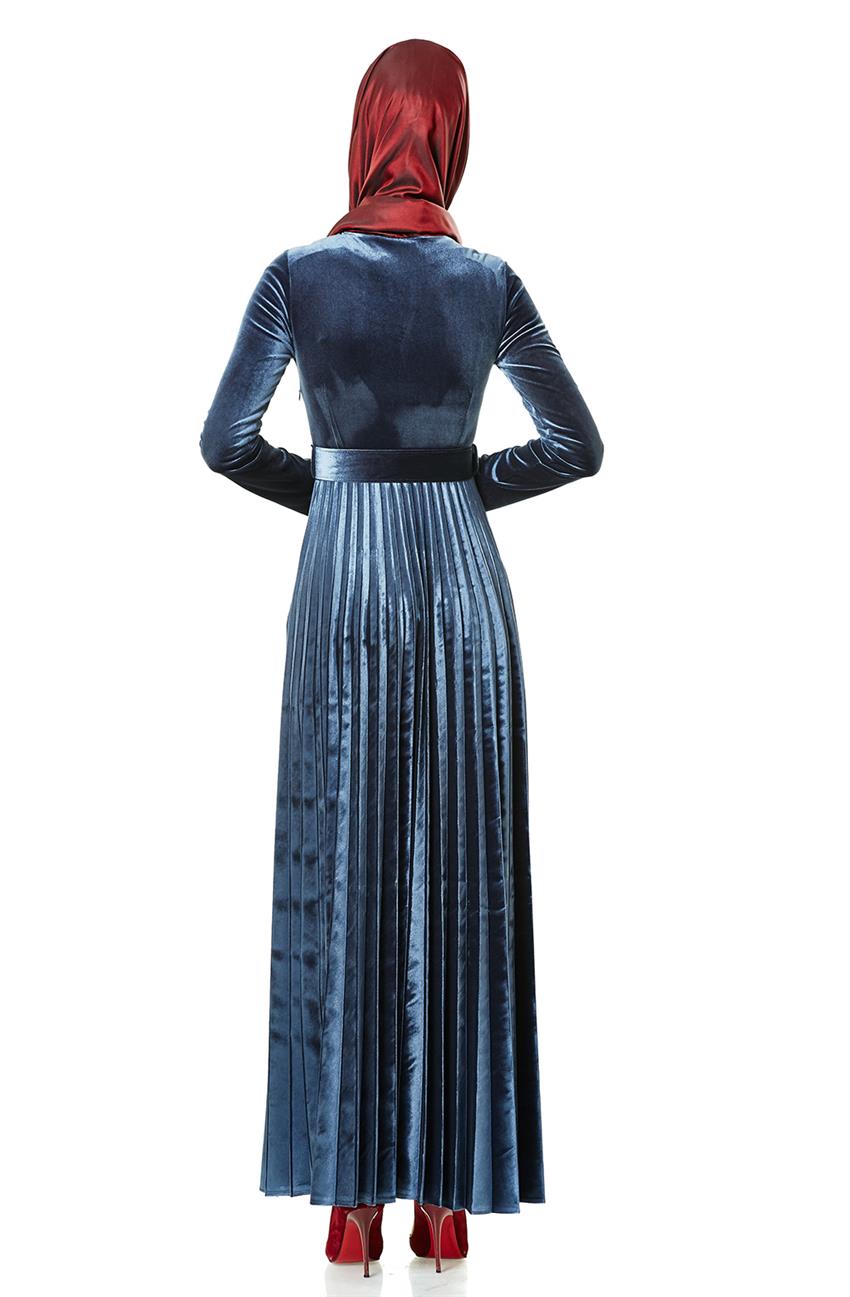 Kadife Önü İşlemeli Lacivert Elbise LR8297-17