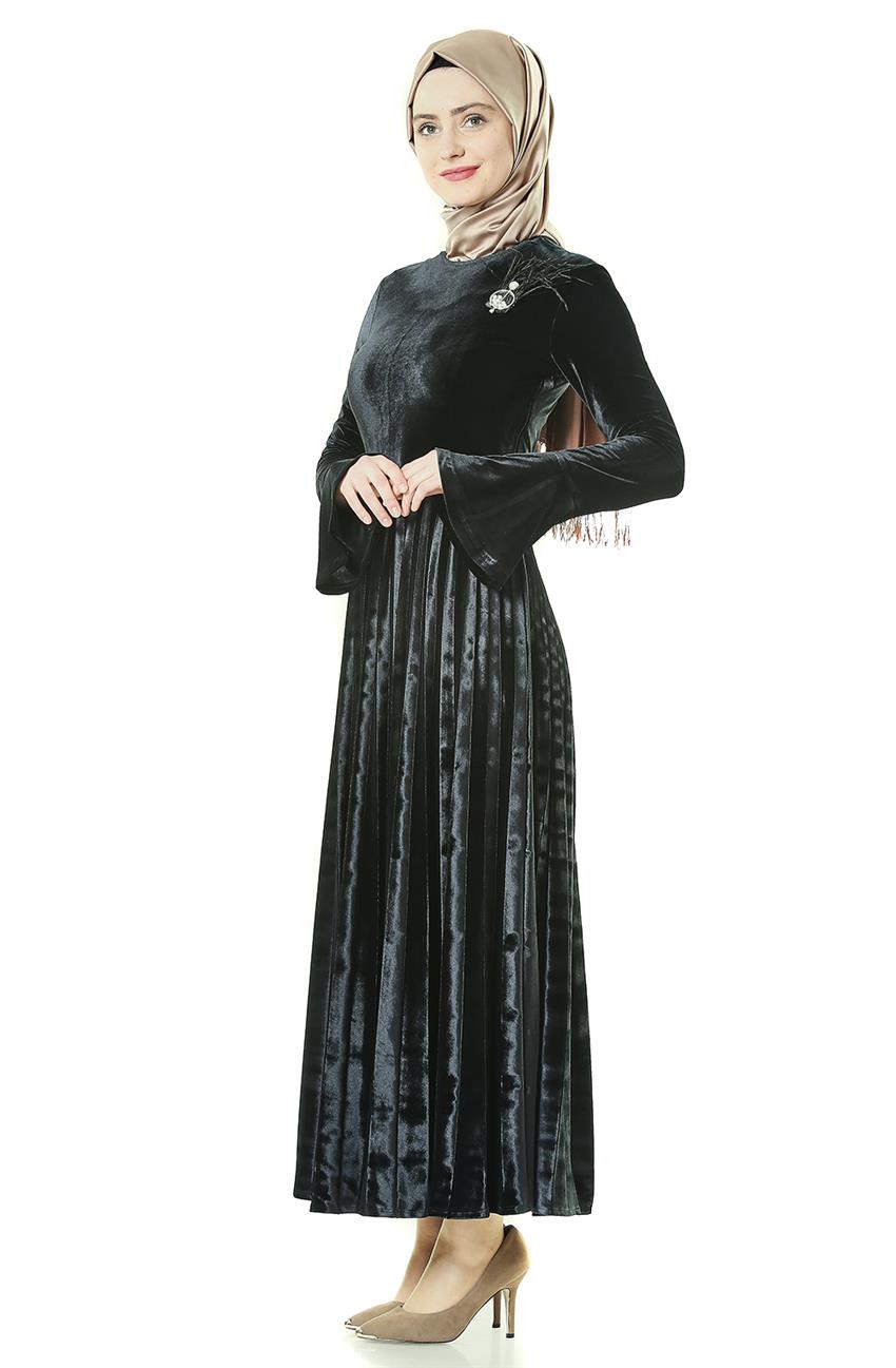 Kadife Siyah Elbise 7K9424-01