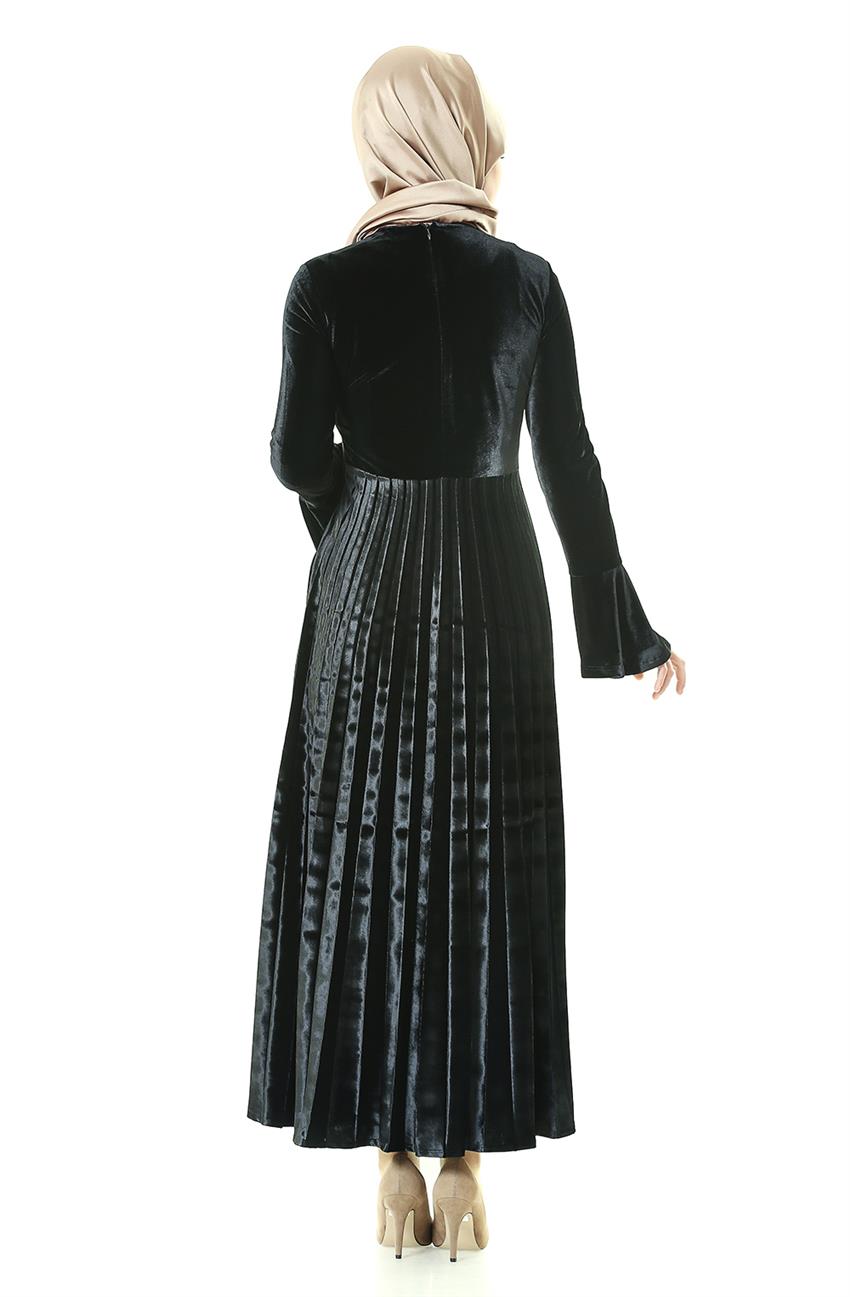 Kadife Siyah Elbise 7K9424-01
