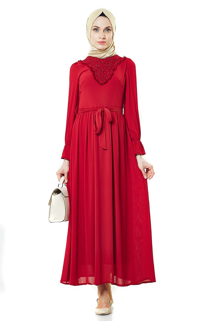 Güpür Detaylı Kırmızı Elbise BL7298-34