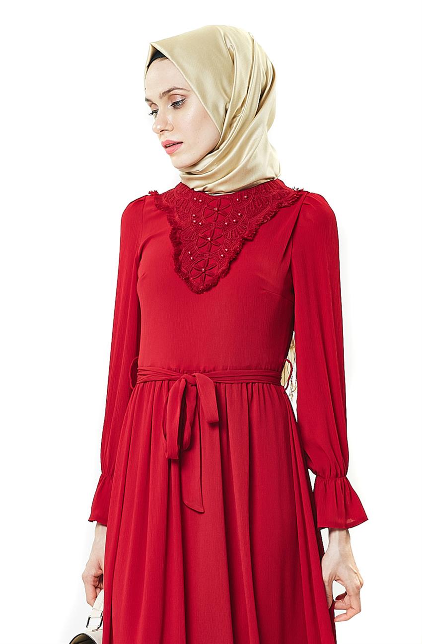 Güpür Detaylı Kırmızı Elbise BL7298-34