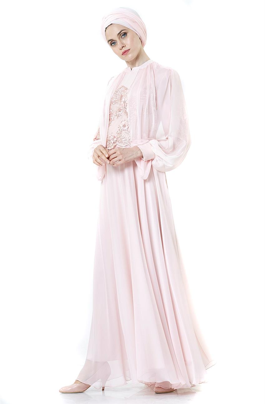 Güpür Detaylı Abiye Pembe Elbise 1906-42