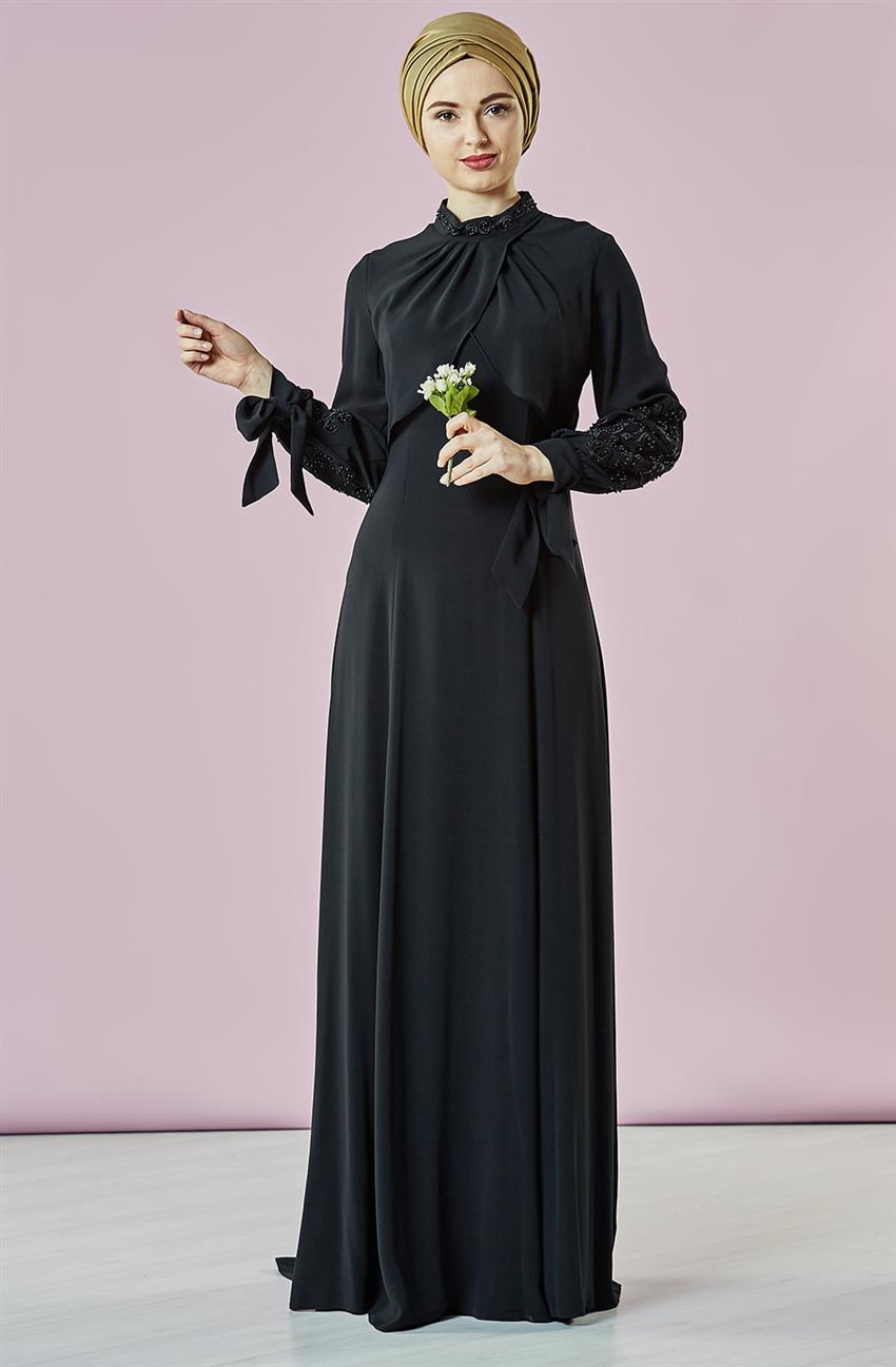 İnci Detaylı Abiye Siyah Elbise 7YA10038-01