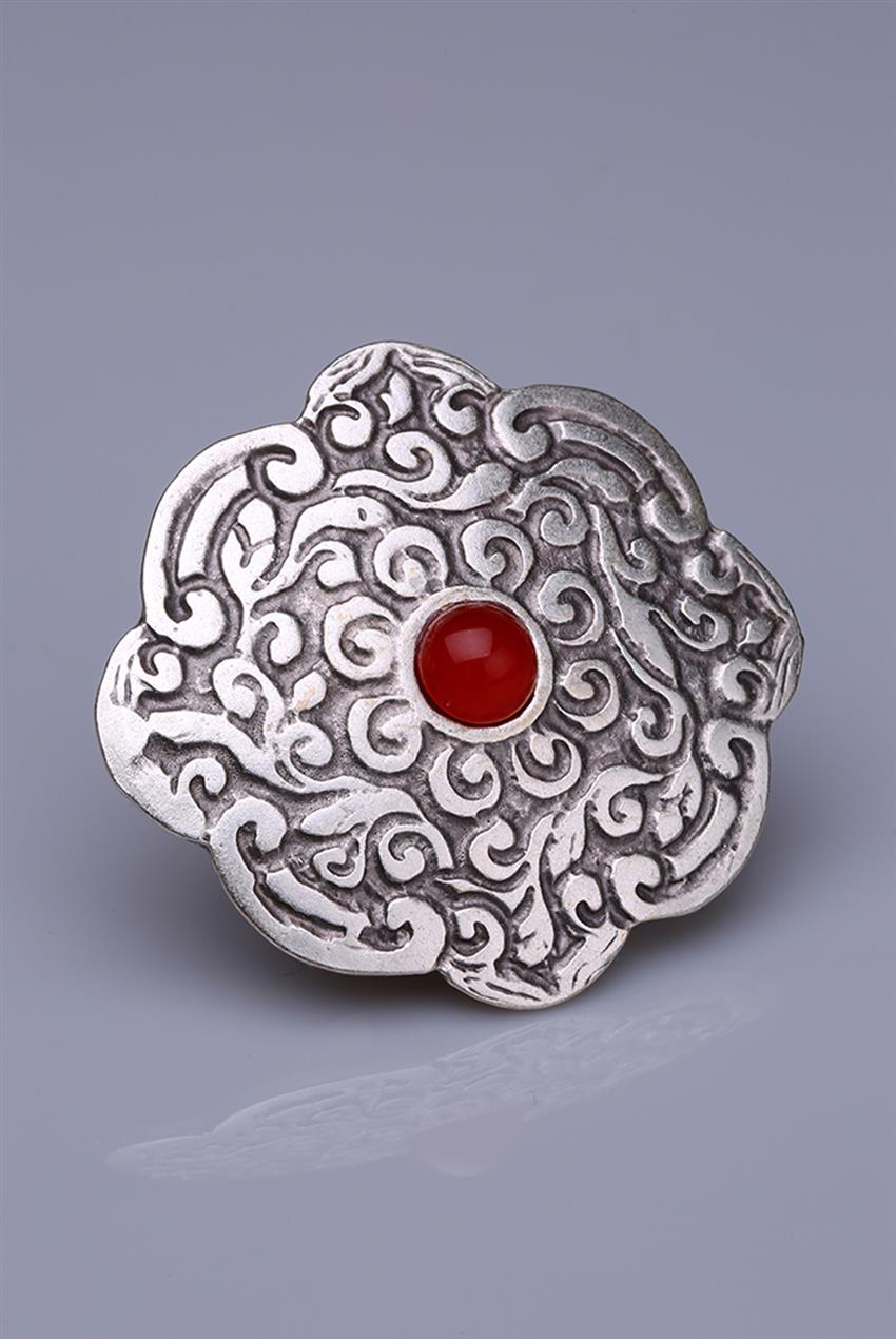 Osmanlı Kırmızısı Doğal Taşlı Gümüş Kaplama Mıknatıslı Broş 05-0923-40-12