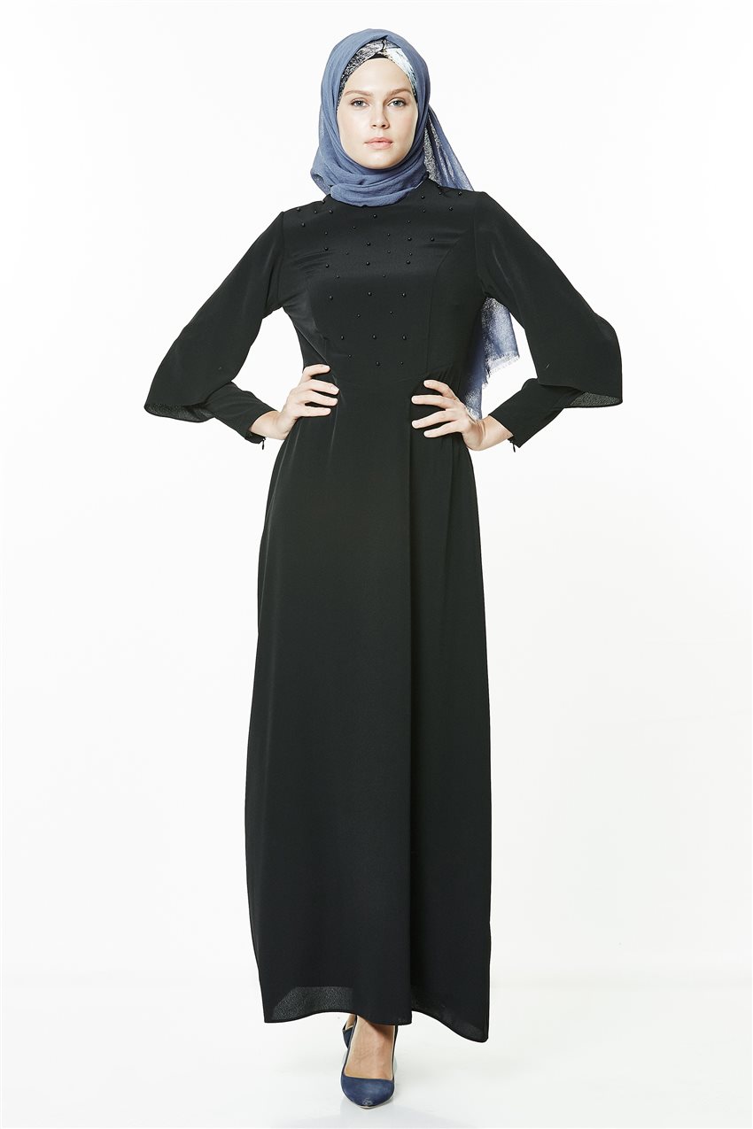 İnci Detaylı Siyah Elbise 7K9411-01
