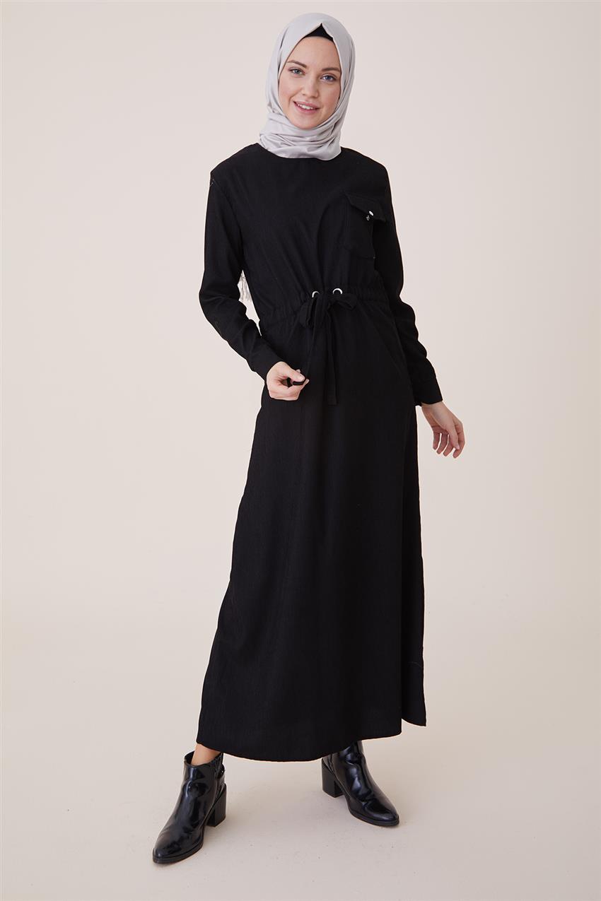 Kışlık Kadife Siyah Elbise PL-9W524-01