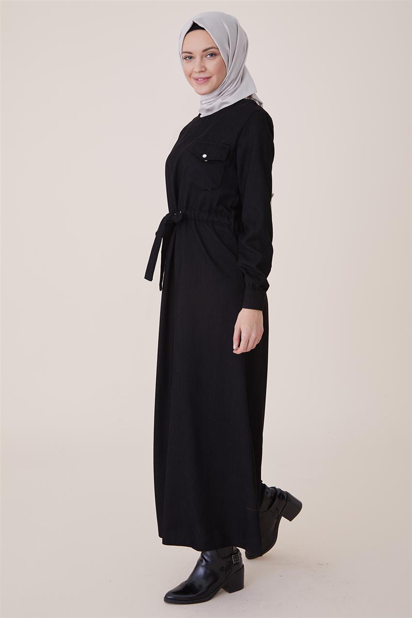 Kışlık Kadife Siyah Elbise PL-9W524-01
