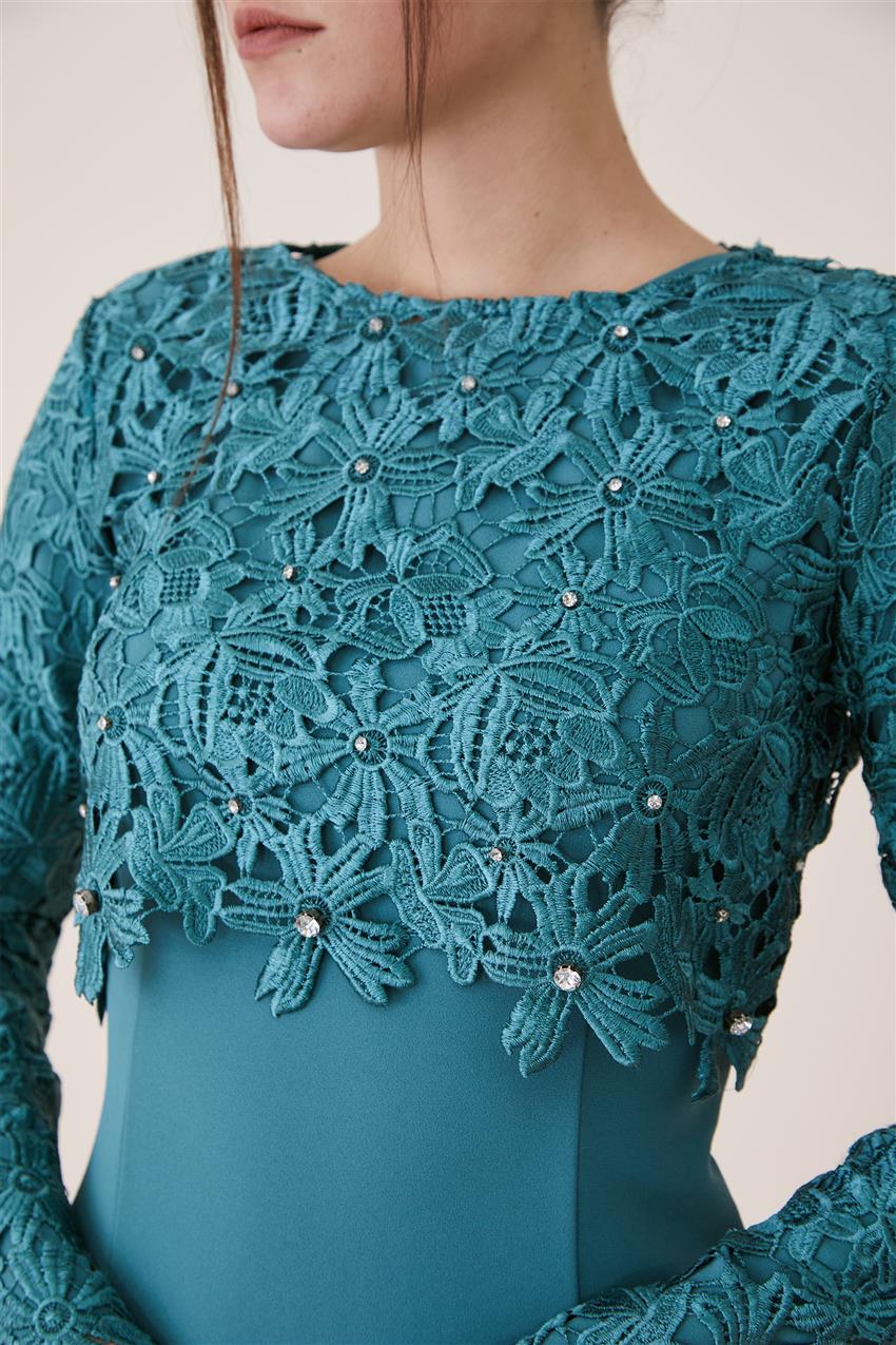 Fashion Night Güpür Detaylı Abiye Su Elbise Yeşili 2260-69 | E-Tesettür