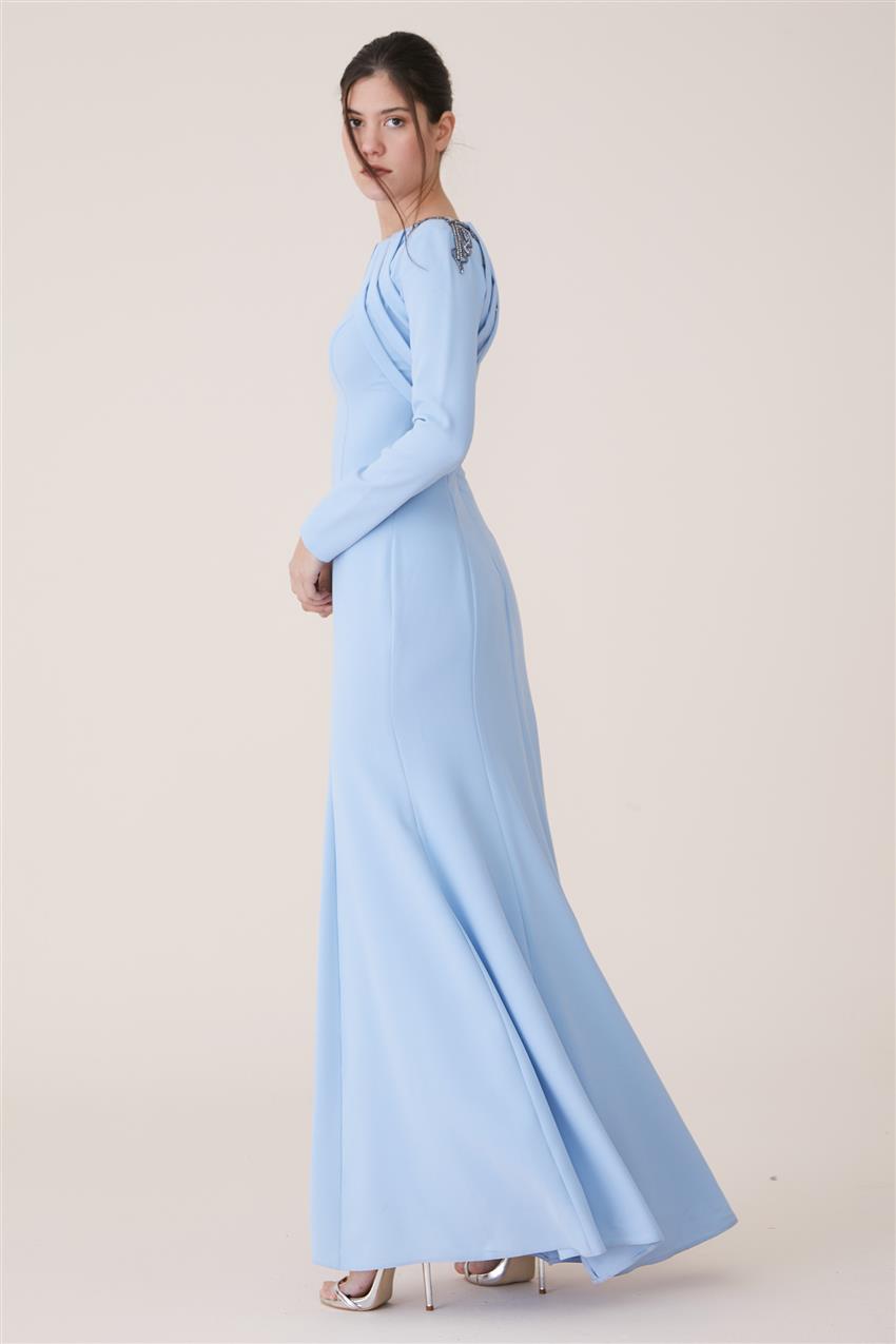 Omuz Detaylı Abiye Elbise-Buz Mavi 2230-14