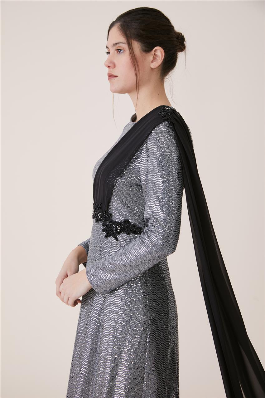 Şifon Omuzu Şallı Gümüş Elbise 19Y488-06