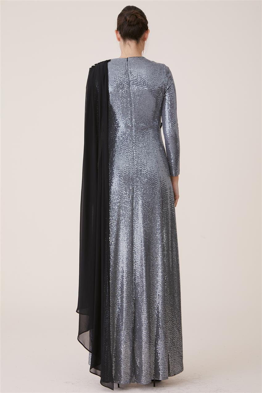 Şifon Omuzu Şallı Gümüş Elbise 19Y488-06