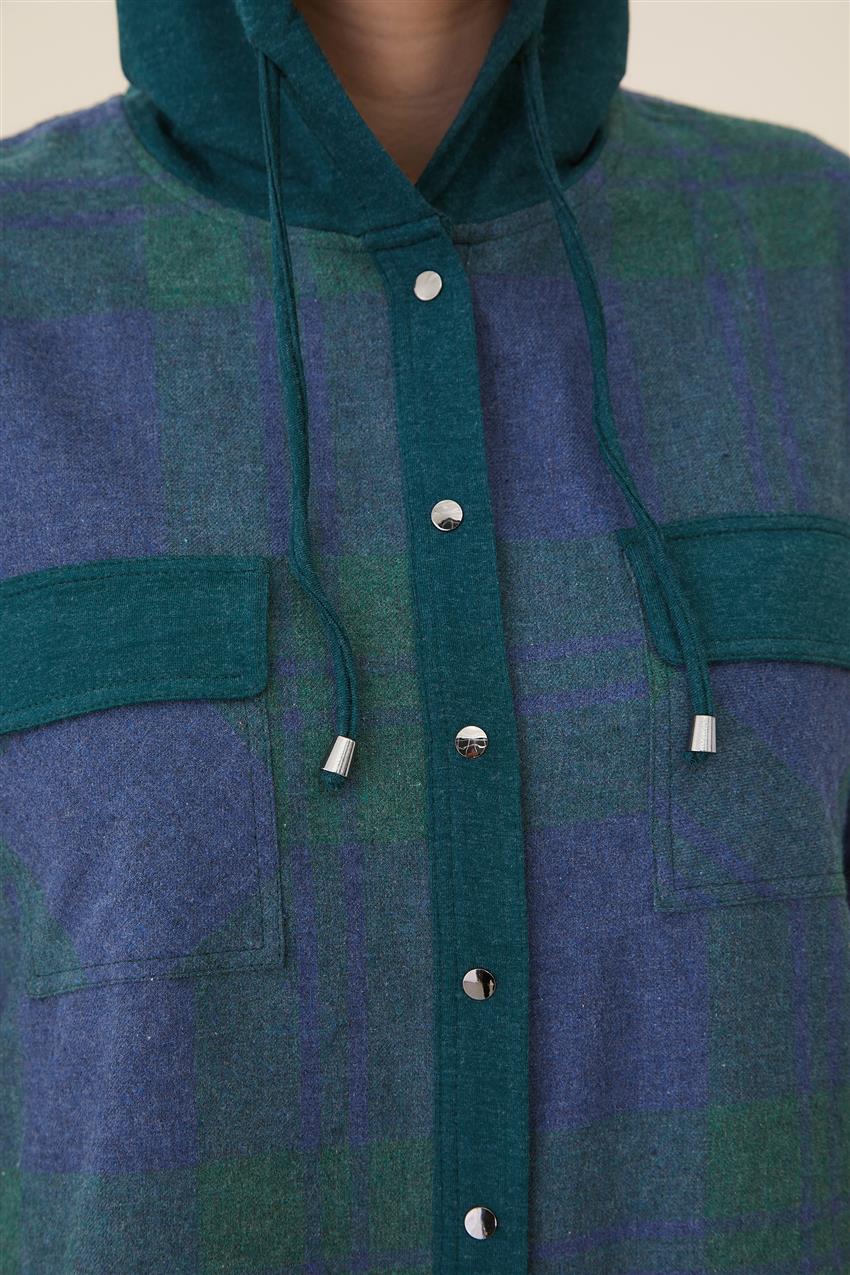 Büyük Beden Ekose Kapişonlu Yeşil Bluz 2106-21