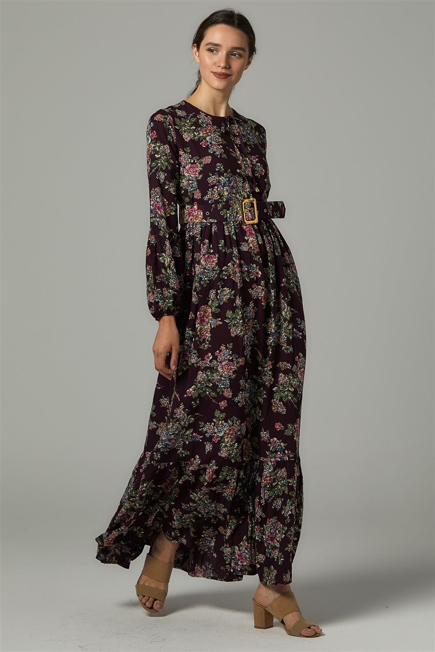 Çiçek Desen Siyah Mercan Elbise US-0S5050-51