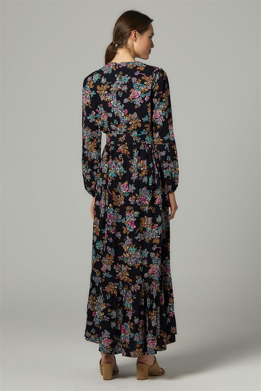 Çiçek Desen Siyah Gül Elbise US-0S5050-01-108