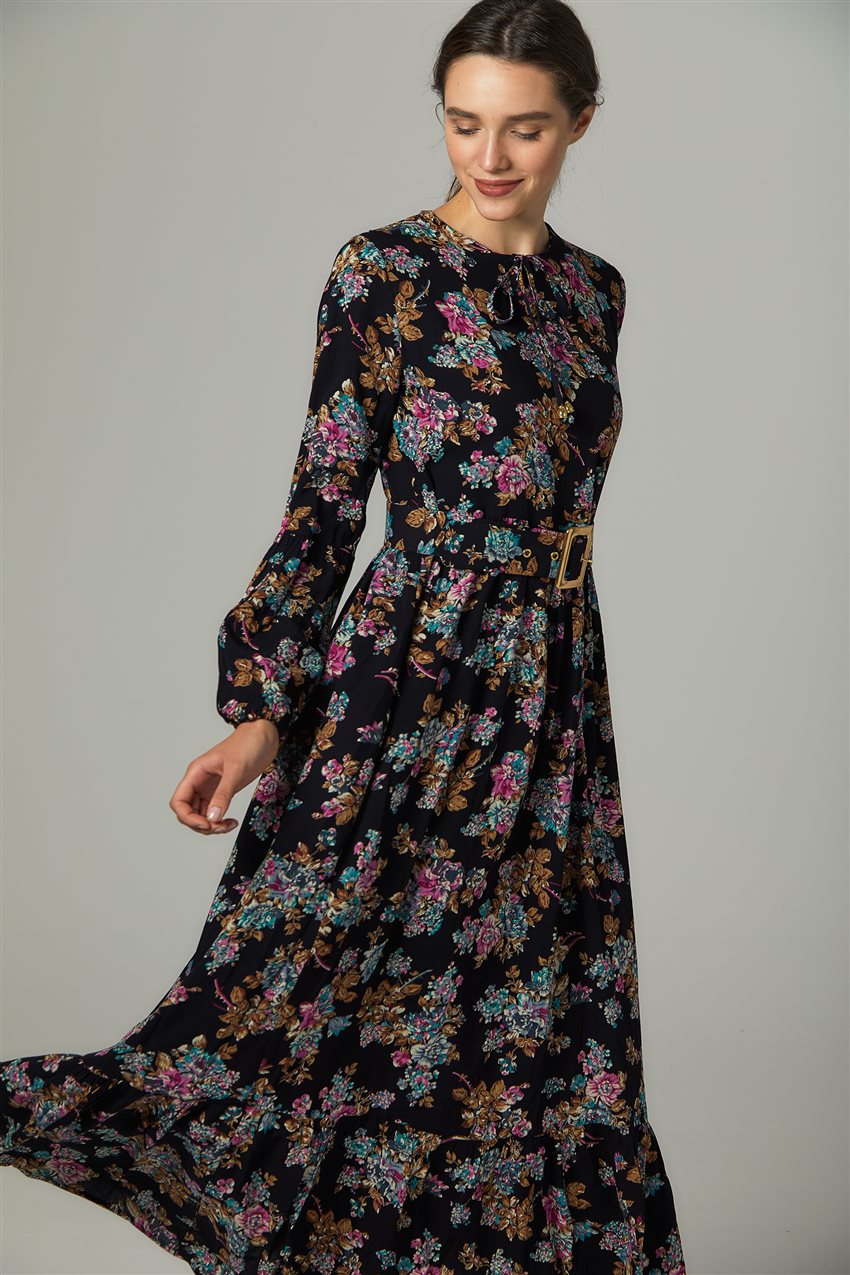 Çiçek Desen Siyah Gül Elbise US-0S5050-01-108
