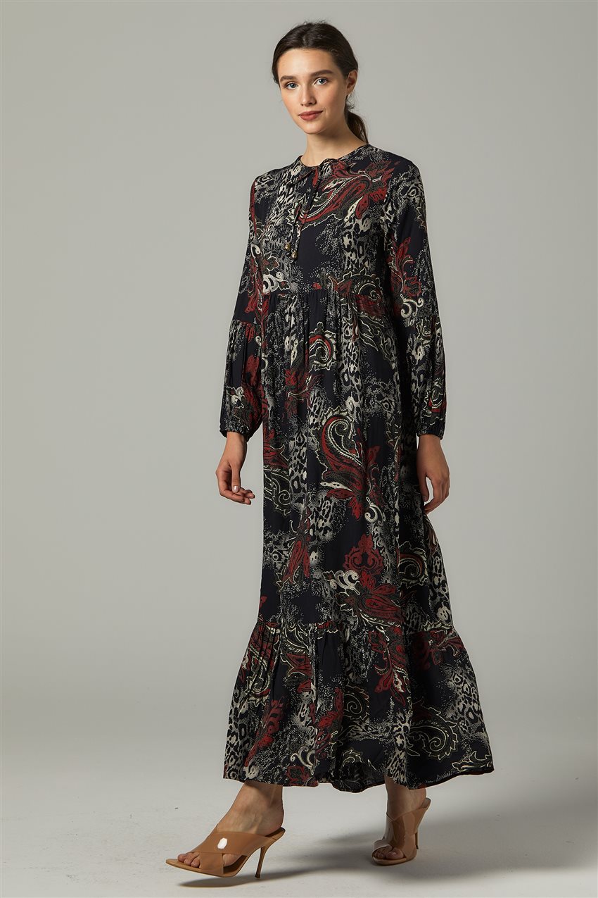 Desenli Fırfırlı Lacivert Gri Elbise US-0S5055-01