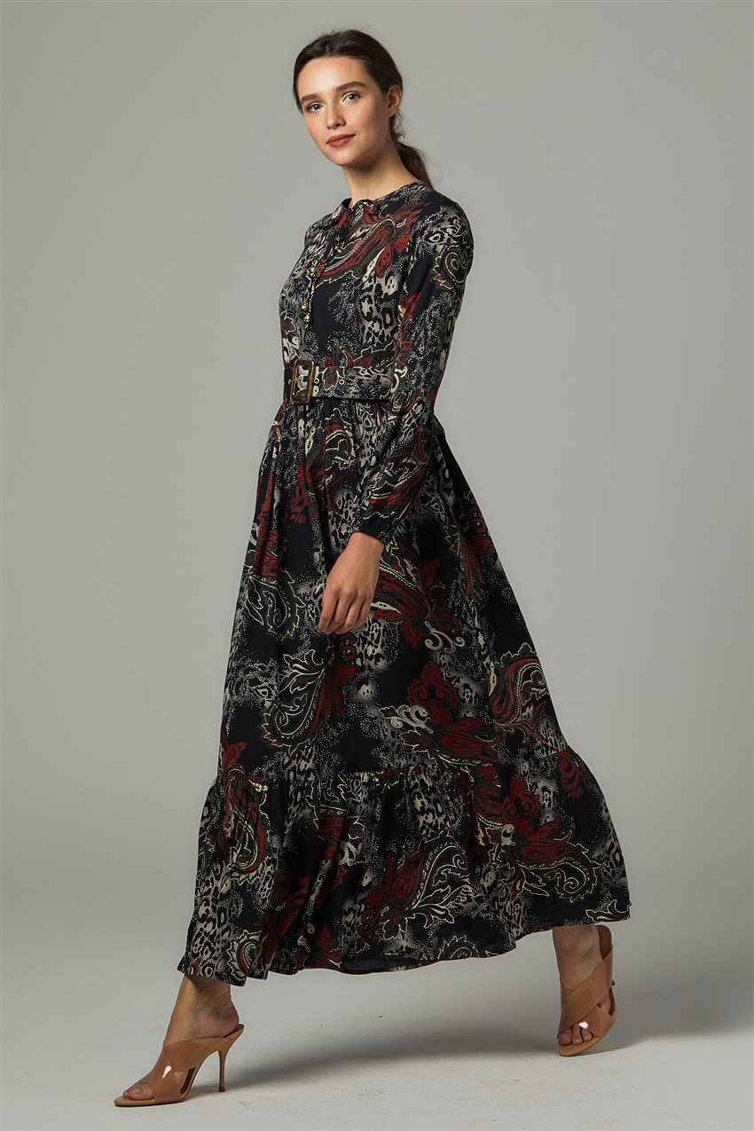 Desenli Fırfırlı Lacivert Gri Elbise US-0S5055-01