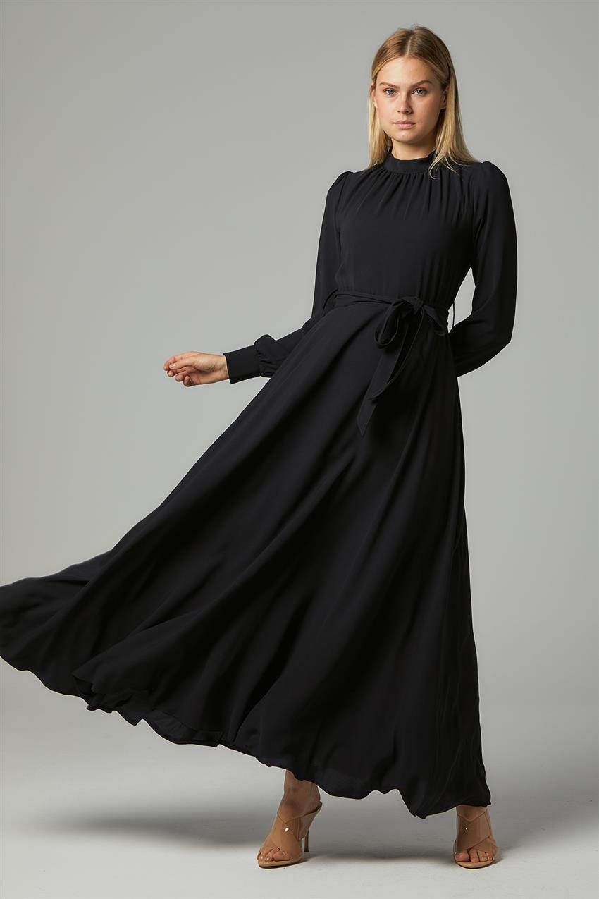 Yaka Büzgülü Siyah Elbise