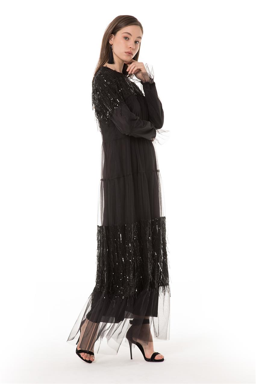 Payet Detaylı Uzun Siyah Elbise V20YELB17029