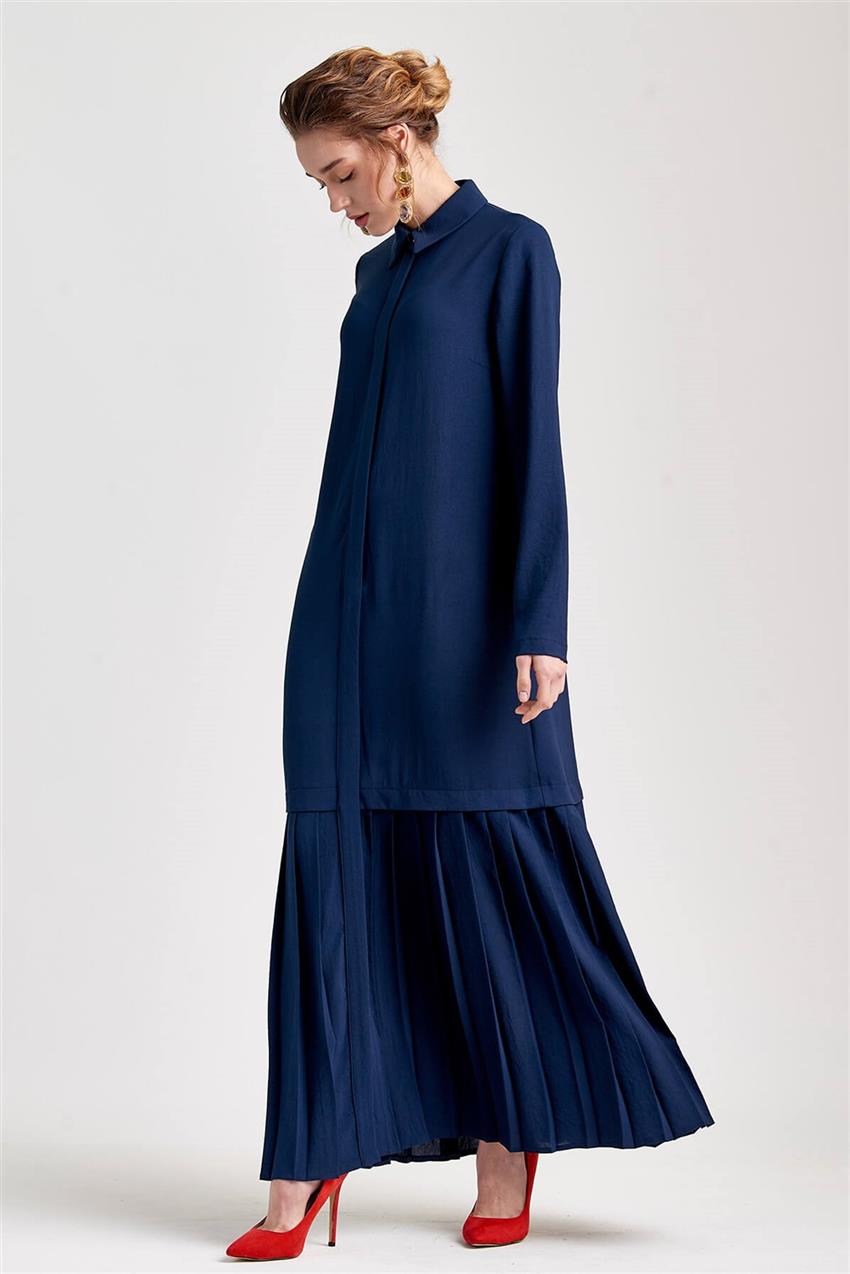 Plise Detaylı Uzun Lacivert Elbise V20YELB17030