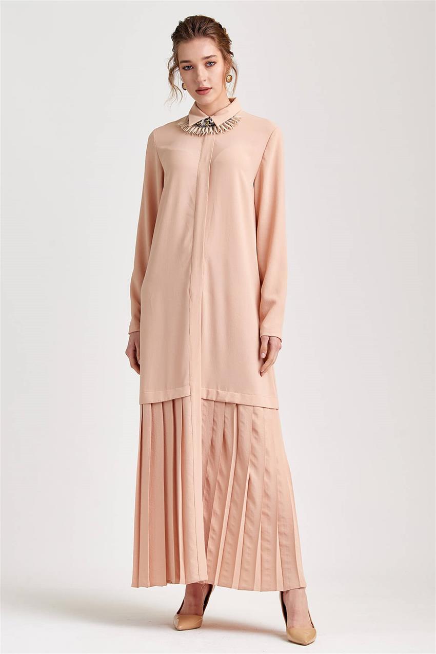 Plise Detaylı Uzun Somon Elbise V20YELB17030