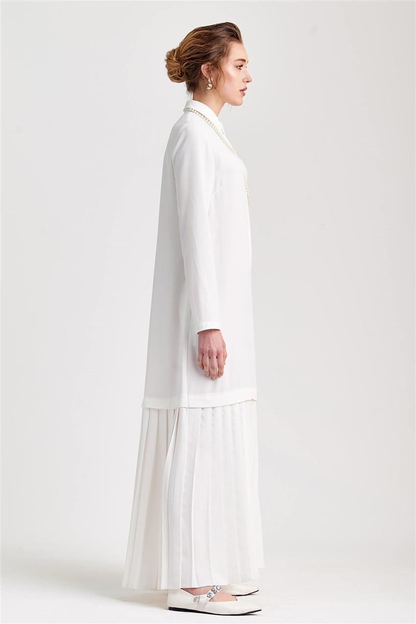 Plise Detaylı Uzun Beyaz Elbise V20YELB17030