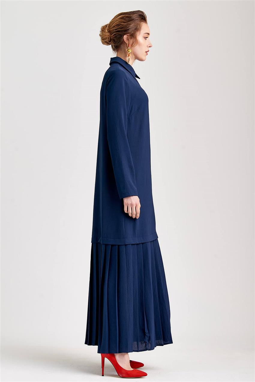 Plise Detaylı Uzun Lacivert Elbise V20YELB17030