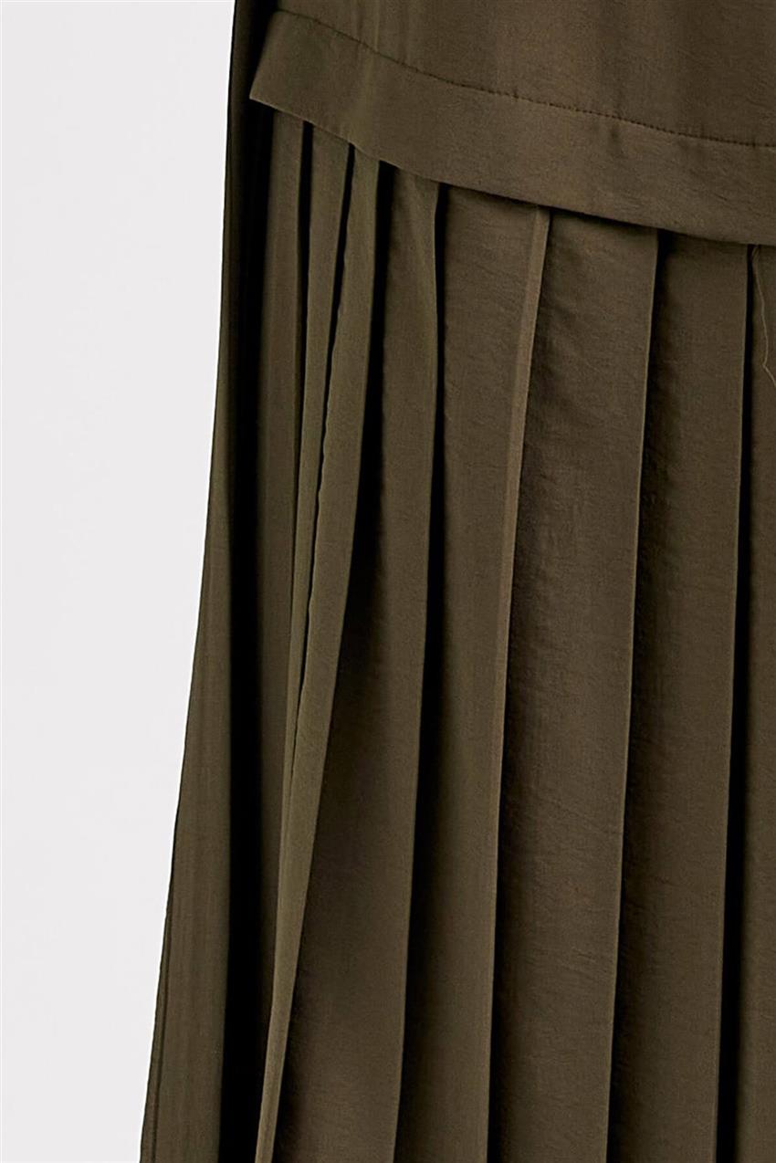 Plise Detaylı Uzun Haki Elbise V20YELB17030