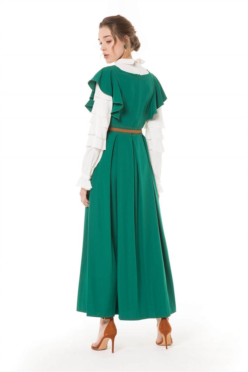 Hasır Kemerli Yeşil Jile Elbise V20YJİL48001