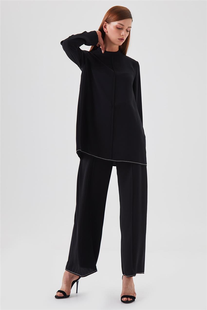 Zincir İşlemeli Tunik Pantolon Siyah İkili Takım V20YTKM43030