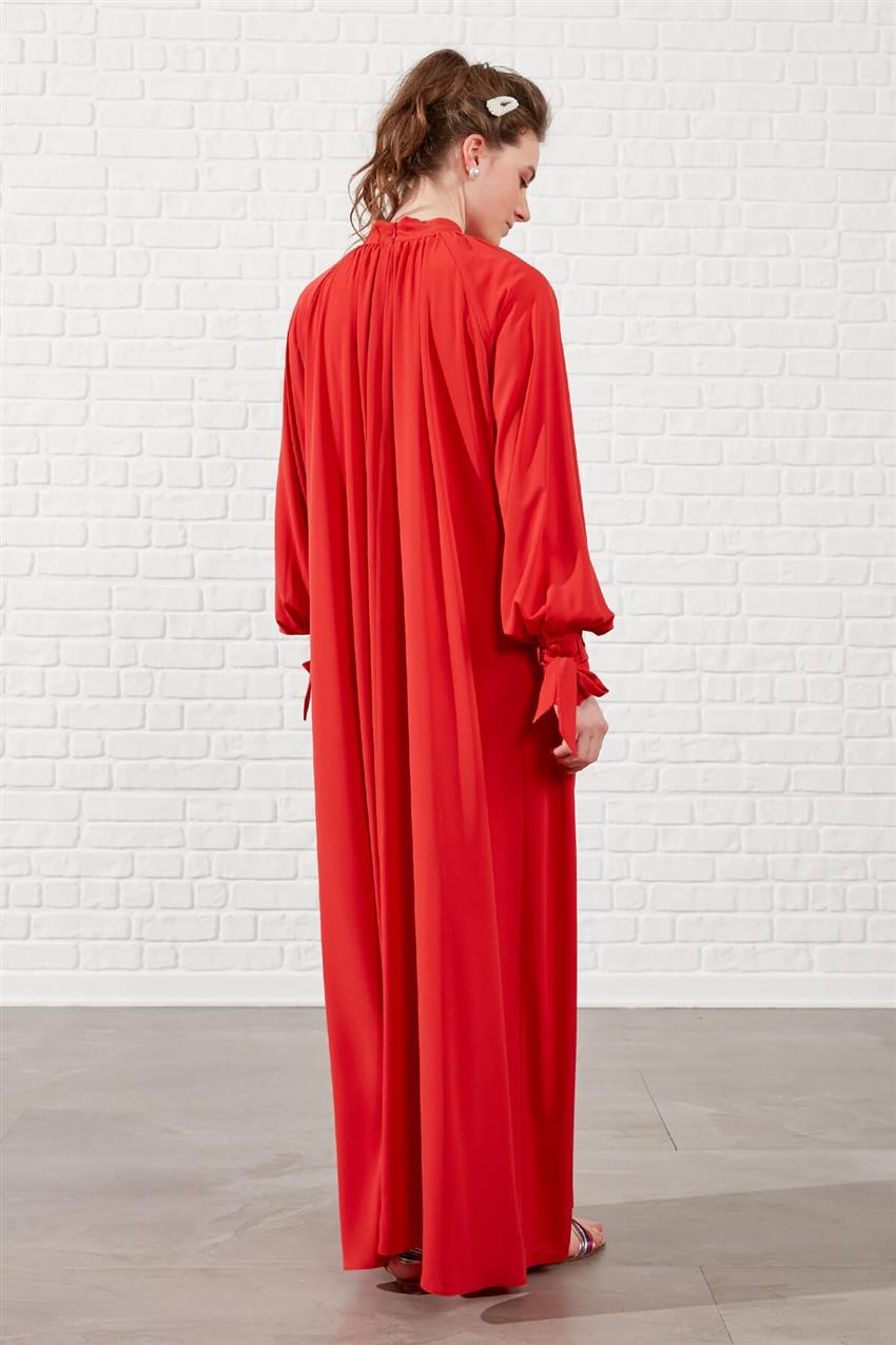 Kumaşından Kaplama Düğmeli Salaş Elbise - Kırmızı V19YELB17013