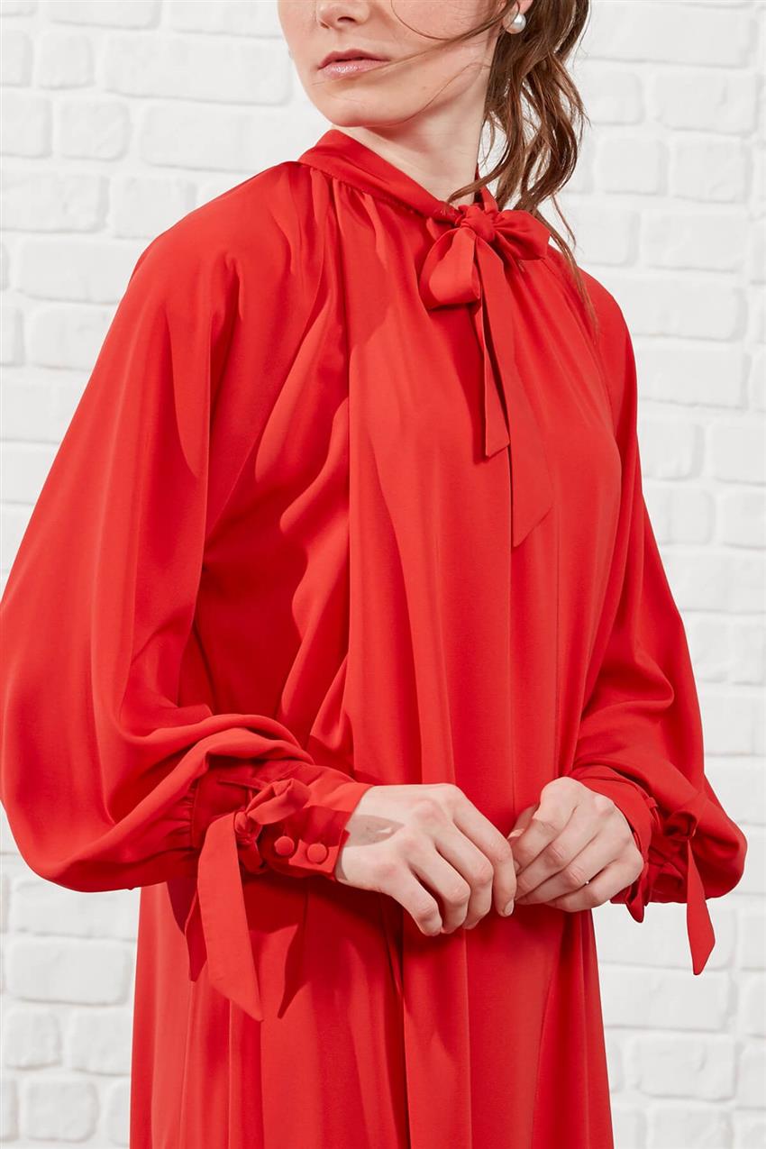 Kumaşından Kaplama Düğmeli Salaş Elbise - Kırmızı V19YELB17013