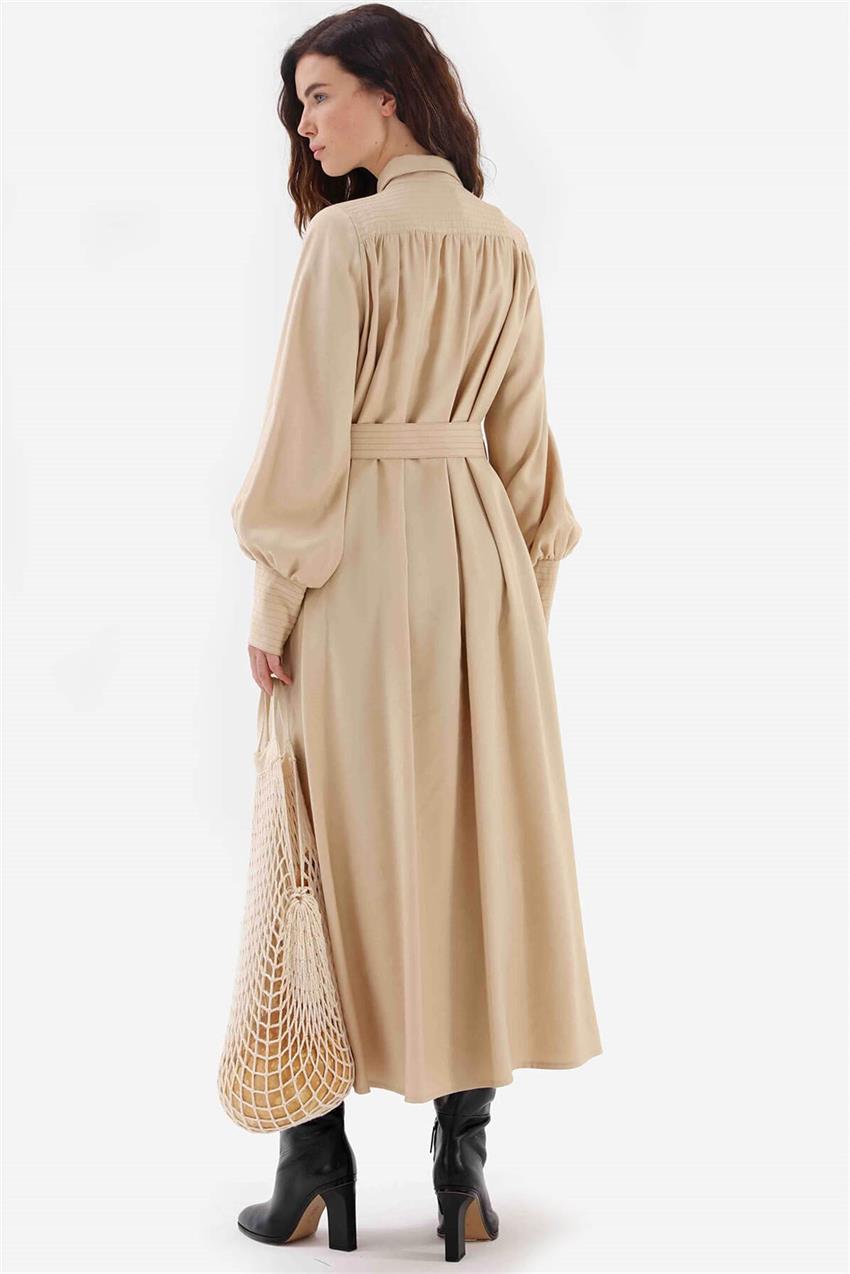 Fermuar Detaylı Belden Bağlamalı Kadın Elbise Bej V20KELB17004