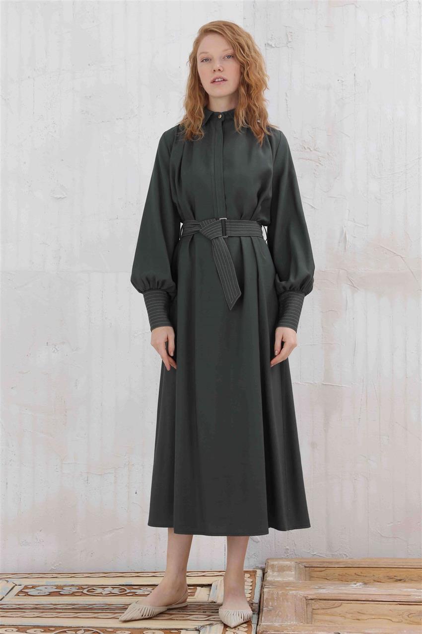 Fermuar Detaylı Belden Bağlamalı Kadın Elbise Haki V20KELB17004