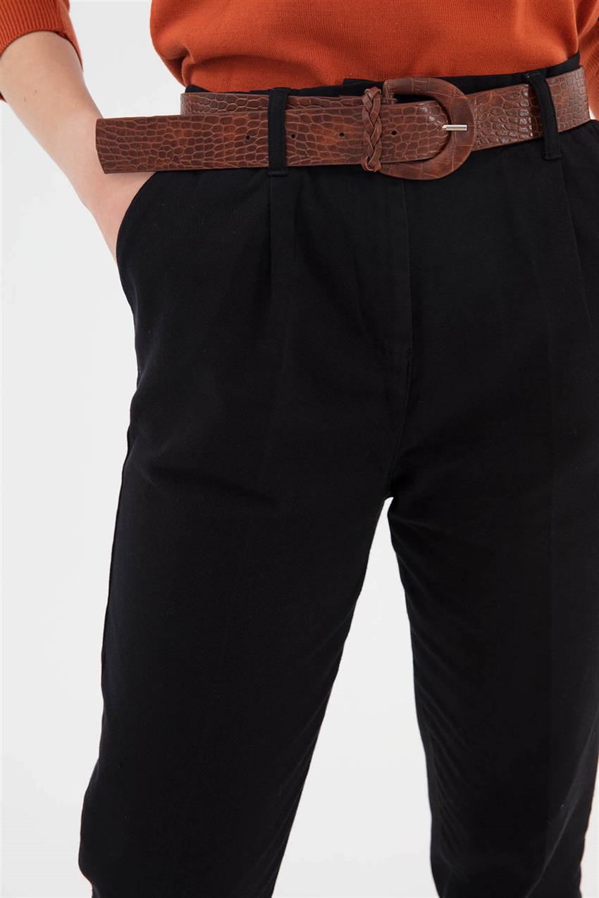 Deri Kemer Detaylı Beli Lastikli Pantolon Siyah V20KPNT35010
