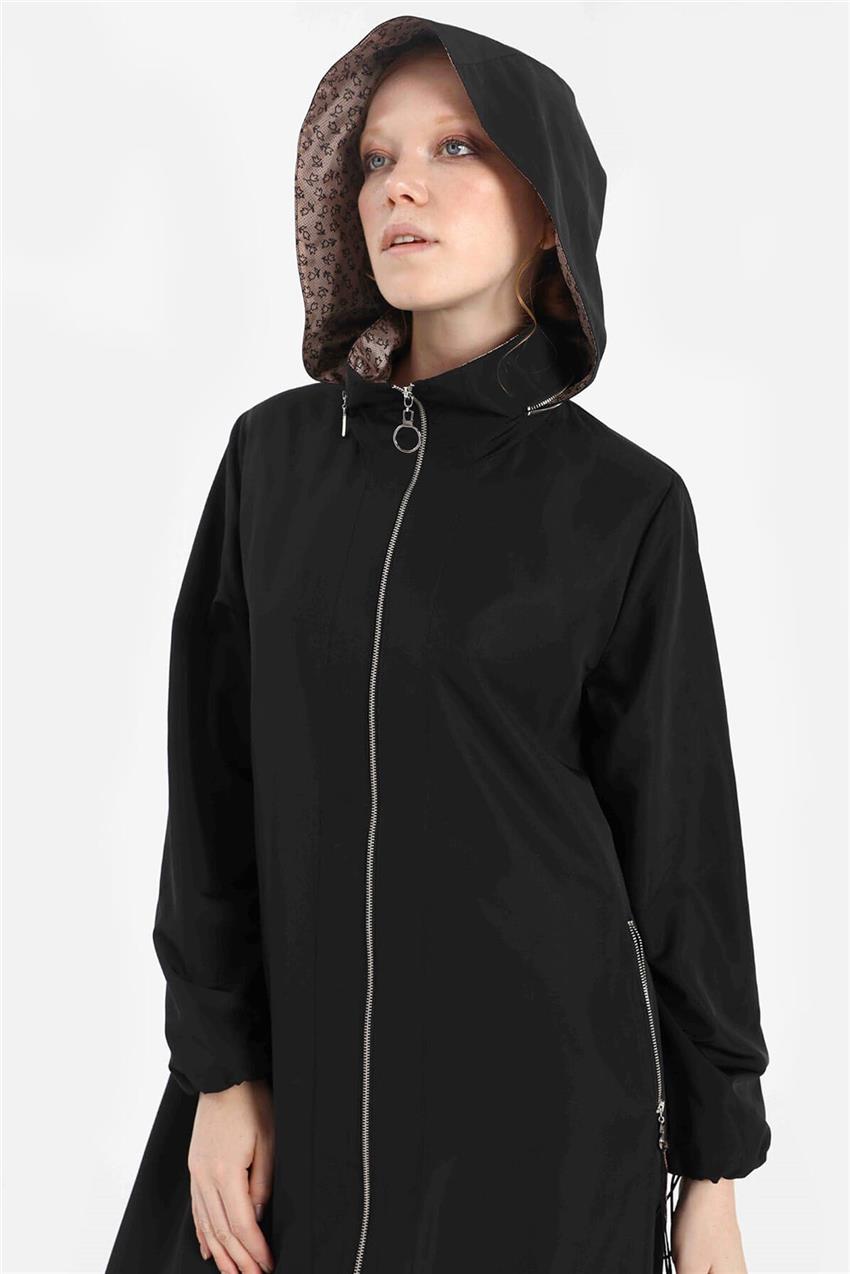 Belden Büzgülü Gizlenebilir Şapkalı Kadın Yağmurluk Siyah V20KYGM46002