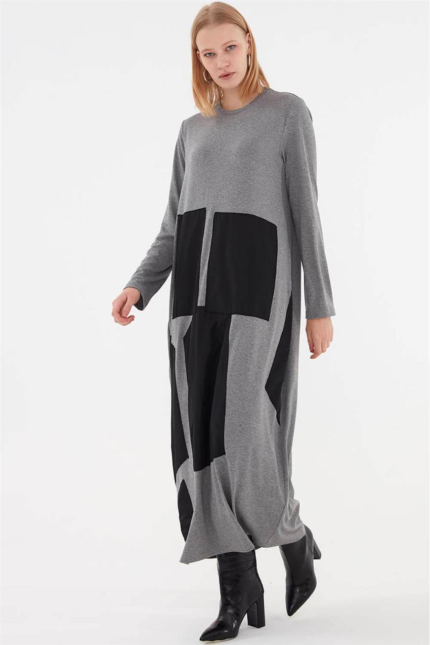 Deri Detaylı Kadın Triko Gri Elbise V20KELB17063
