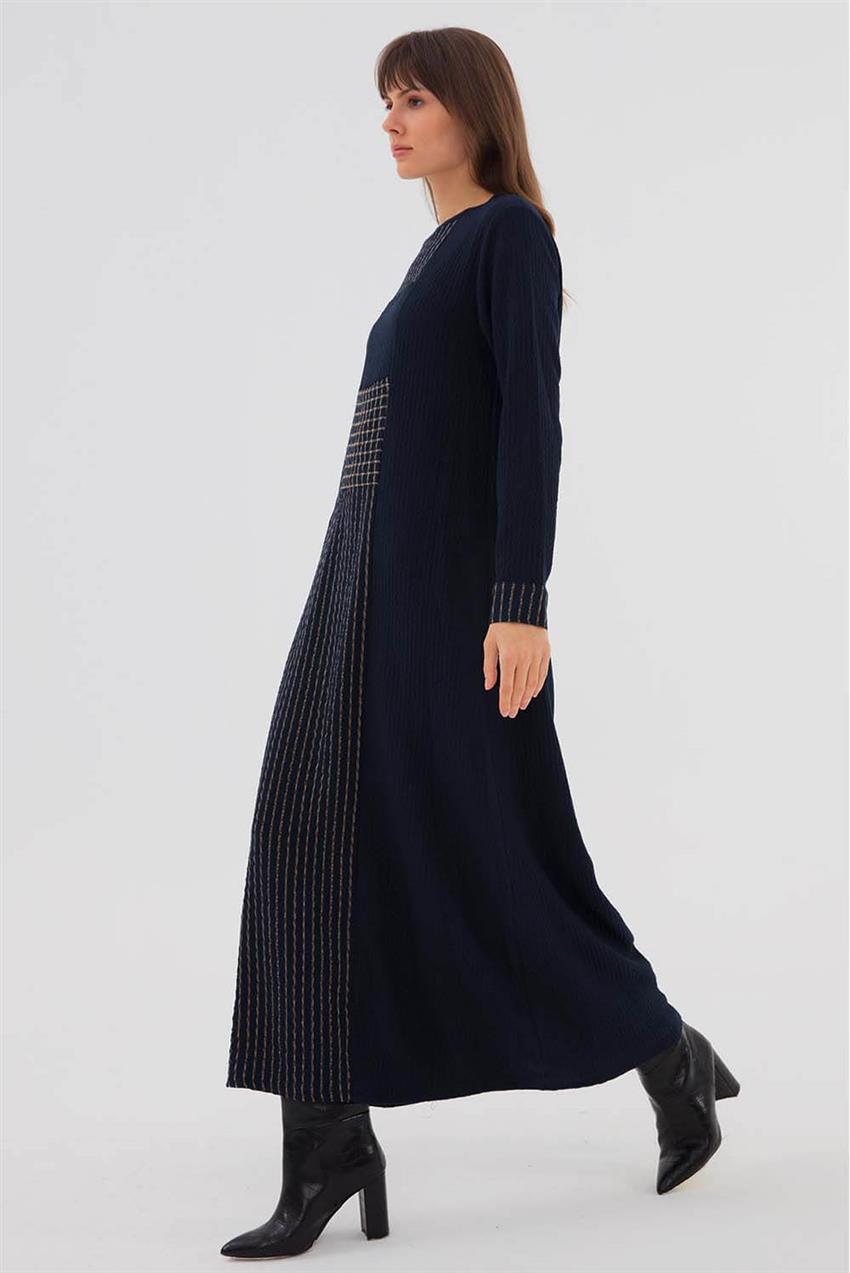 Önü Cep Detaylı Çizgili Kadın Elbise Lacivert V20KELB17060