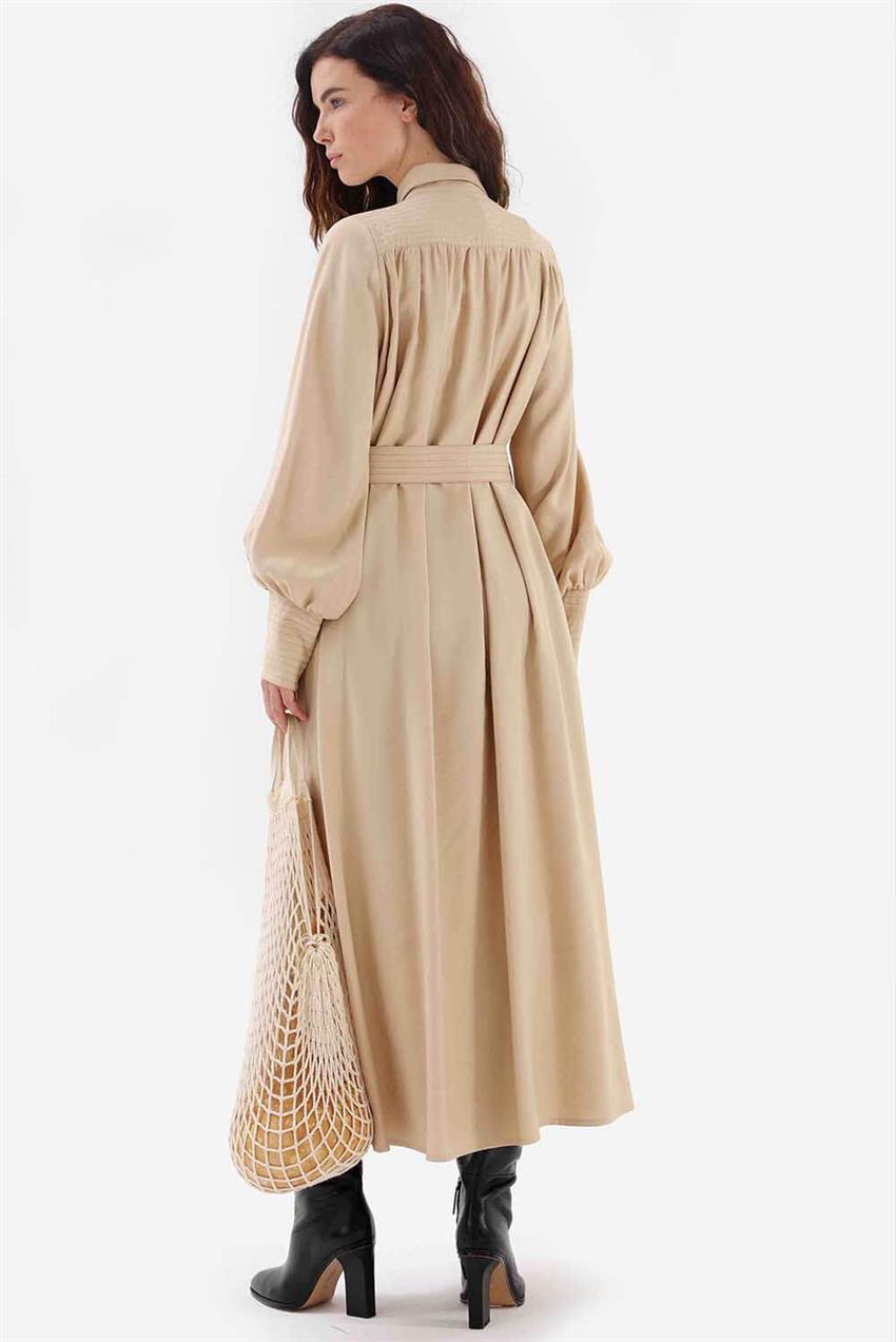 Fermuar Detaylı Belden Bağlamalı Kadın Elbise Bej V20KELB17004