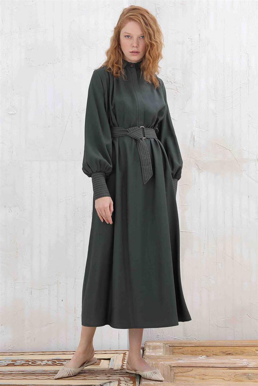 Fermuar Detaylı Belden Bağlamalı Kadın Elbise Haki V20KELB17004